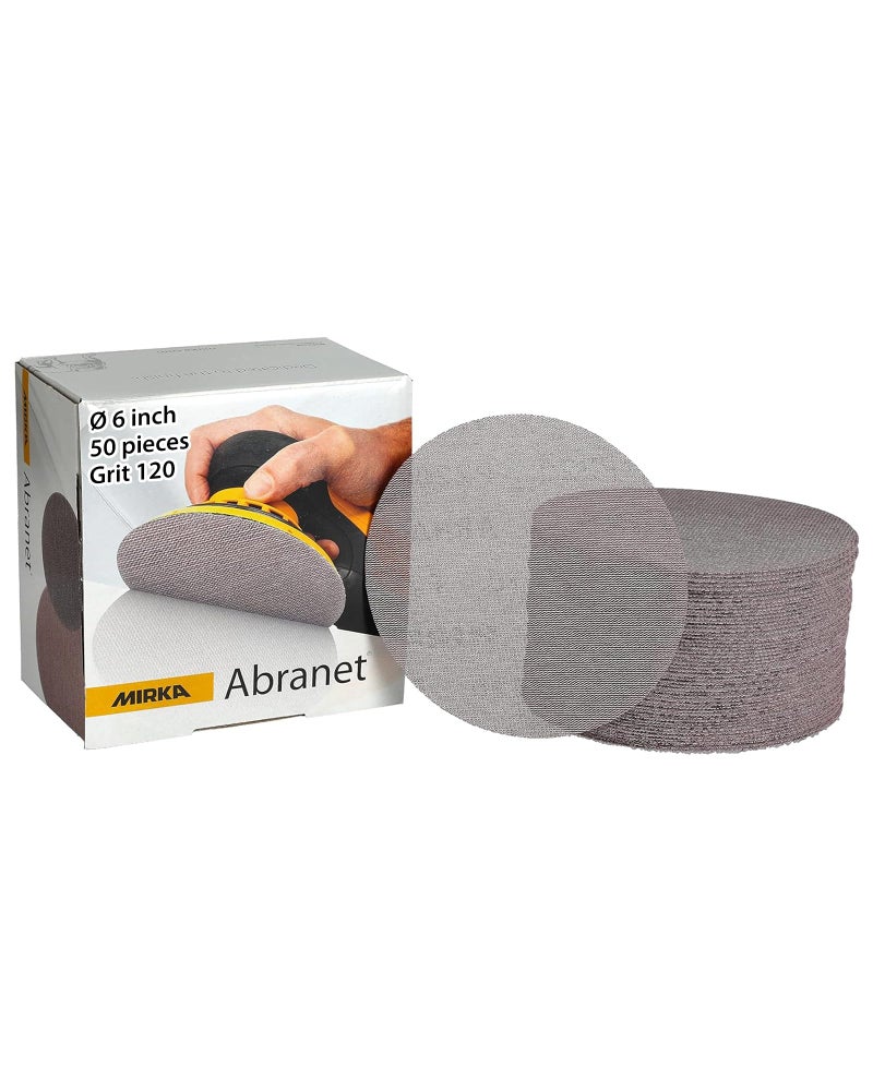 Mirka Abranet Mesh Sandpaper Discs, 6-inch, Grit 120 Hook and Loop Net Sanding Pads for Dust-Free Sanding, Suitable and Efficient for Wood, Metal, Plastic, Lacquer, and More, 50pcs for Orbital Sanders - Image 1